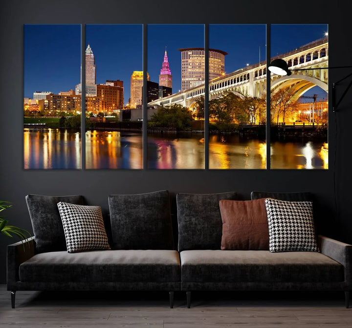 The Cleveland City Lights Night Skyline Cityscape View Wall Art Canvas Print adorns the walls, offering a striking focal point. These gallery-wrapped canvas prints provide museum-quality elegance.