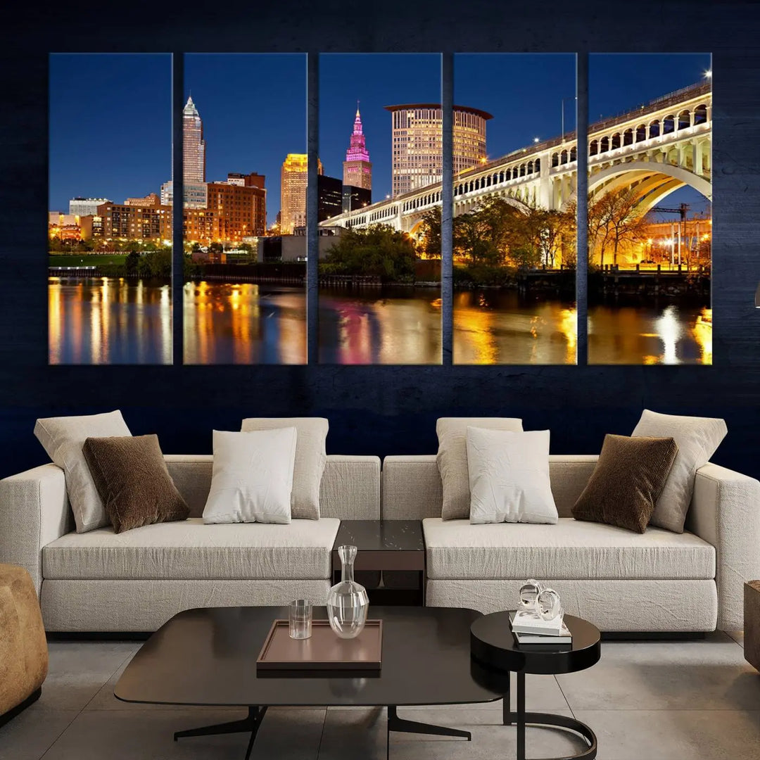 The Cleveland City Lights Night Skyline Cityscape View Wall Art Canvas Print adorns the walls, offering a striking focal point. These gallery-wrapped canvas prints provide museum-quality elegance.