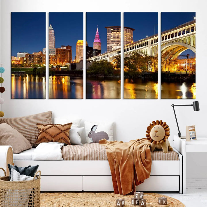 The Cleveland City Lights Night Skyline Cityscape View Wall Art Canvas Print adorns the walls, offering a striking focal point. These gallery-wrapped canvas prints provide museum-quality elegance.