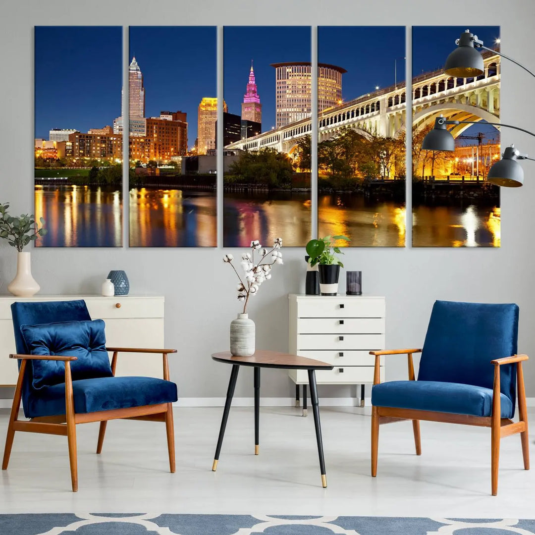 The Cleveland City Lights Night Skyline Cityscape View Wall Art Canvas Print adorns the walls, offering a striking focal point. These gallery-wrapped canvas prints provide museum-quality elegance.