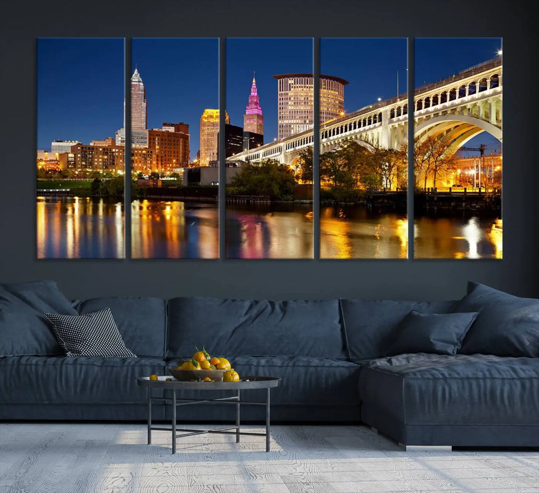 The Cleveland City Lights Night Skyline Cityscape View Wall Art Canvas Print adorns the walls, offering a striking focal point. These gallery-wrapped canvas prints provide museum-quality elegance.