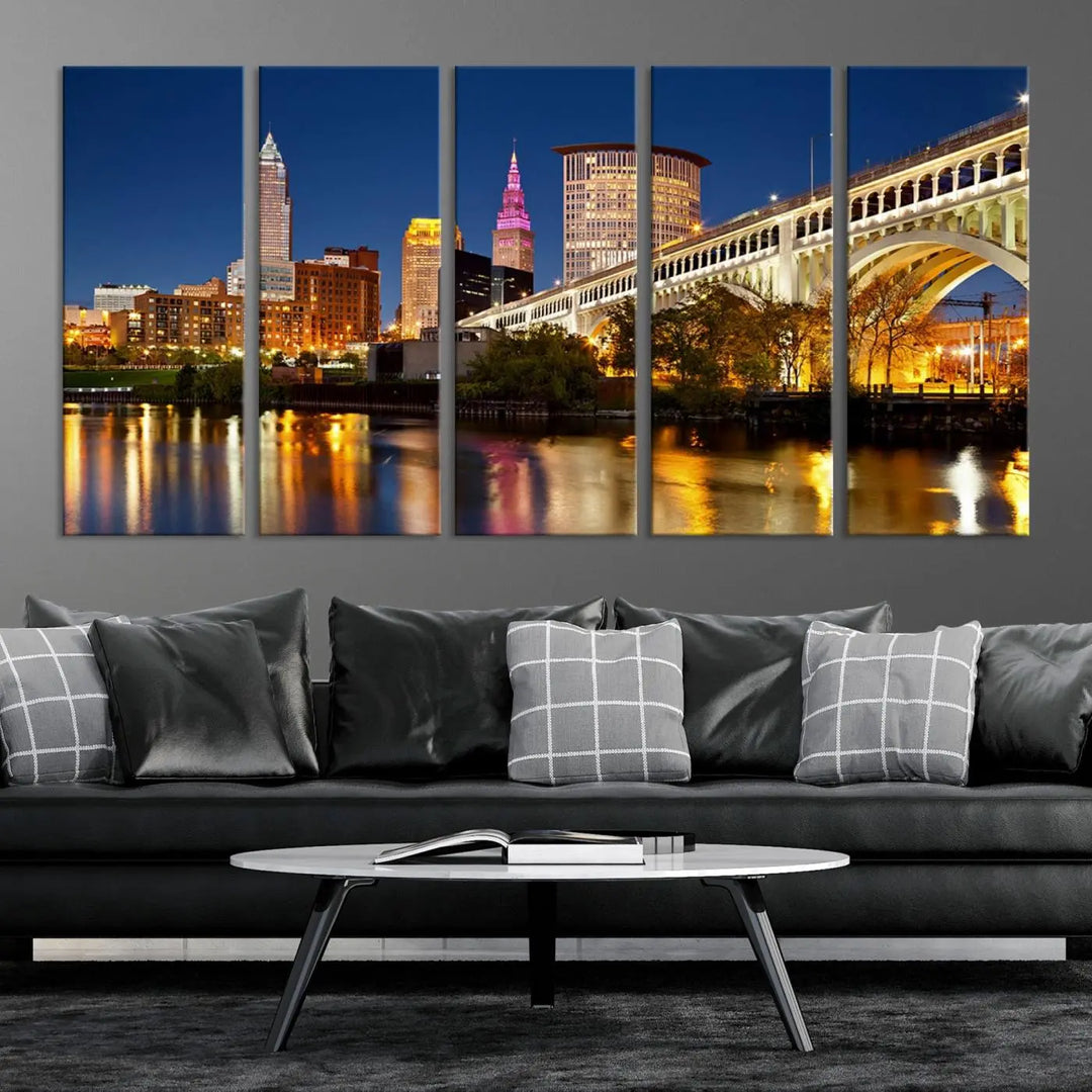 The Cleveland City Lights Night Skyline Cityscape View Wall Art Canvas Print adorns the walls, offering a striking focal point. These gallery-wrapped canvas prints provide museum-quality elegance.