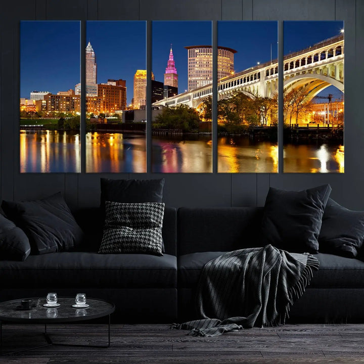 The Cleveland City Lights Night Skyline Cityscape View Wall Art Canvas Print adorns the walls, offering a striking focal point. These gallery-wrapped canvas prints provide museum-quality elegance.