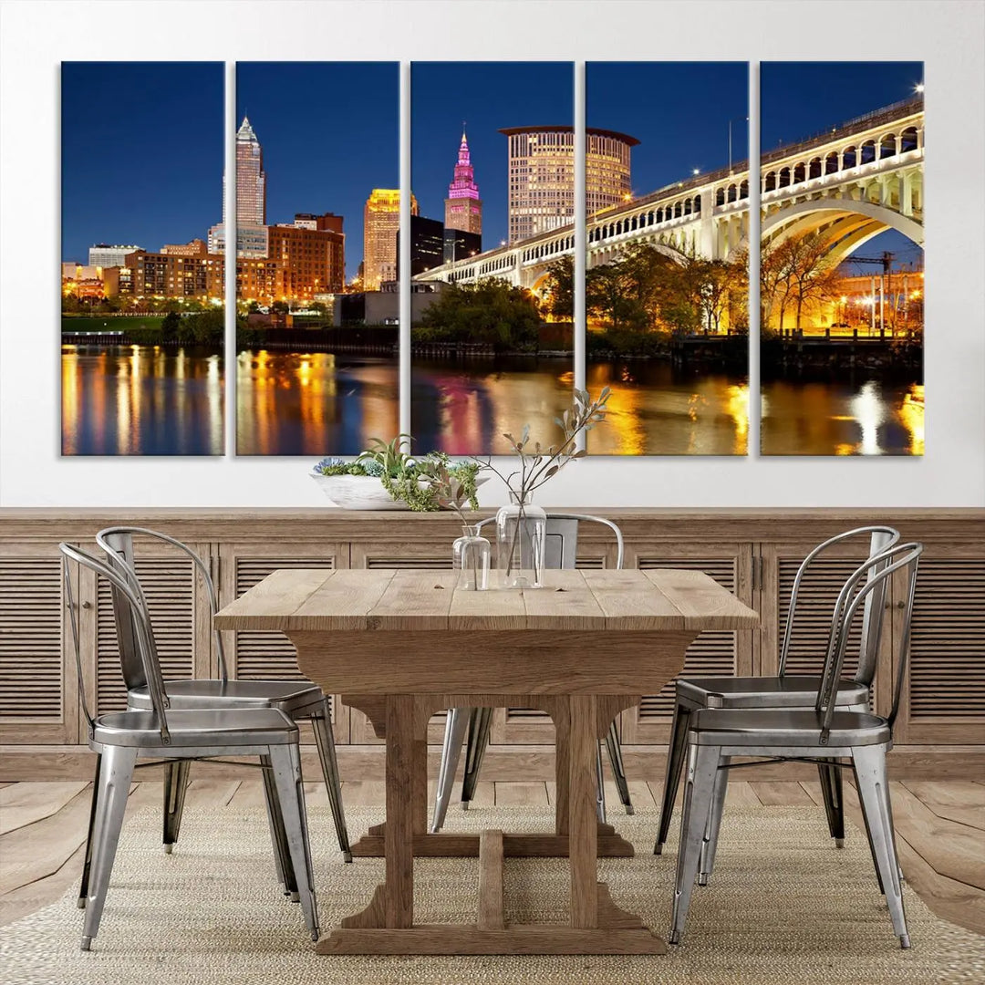 The Cleveland City Lights Night Skyline Cityscape View Wall Art Canvas Print adorns the walls, offering a striking focal point. These gallery-wrapped canvas prints provide museum-quality elegance.