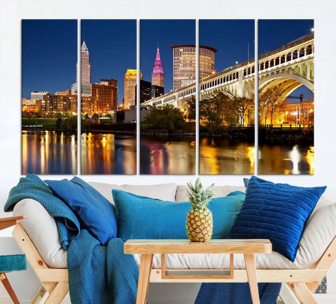 The Cleveland City Lights Night Skyline Cityscape View Wall Art Canvas Print adorns the walls, offering a striking focal point. These gallery-wrapped canvas prints provide museum-quality elegance.