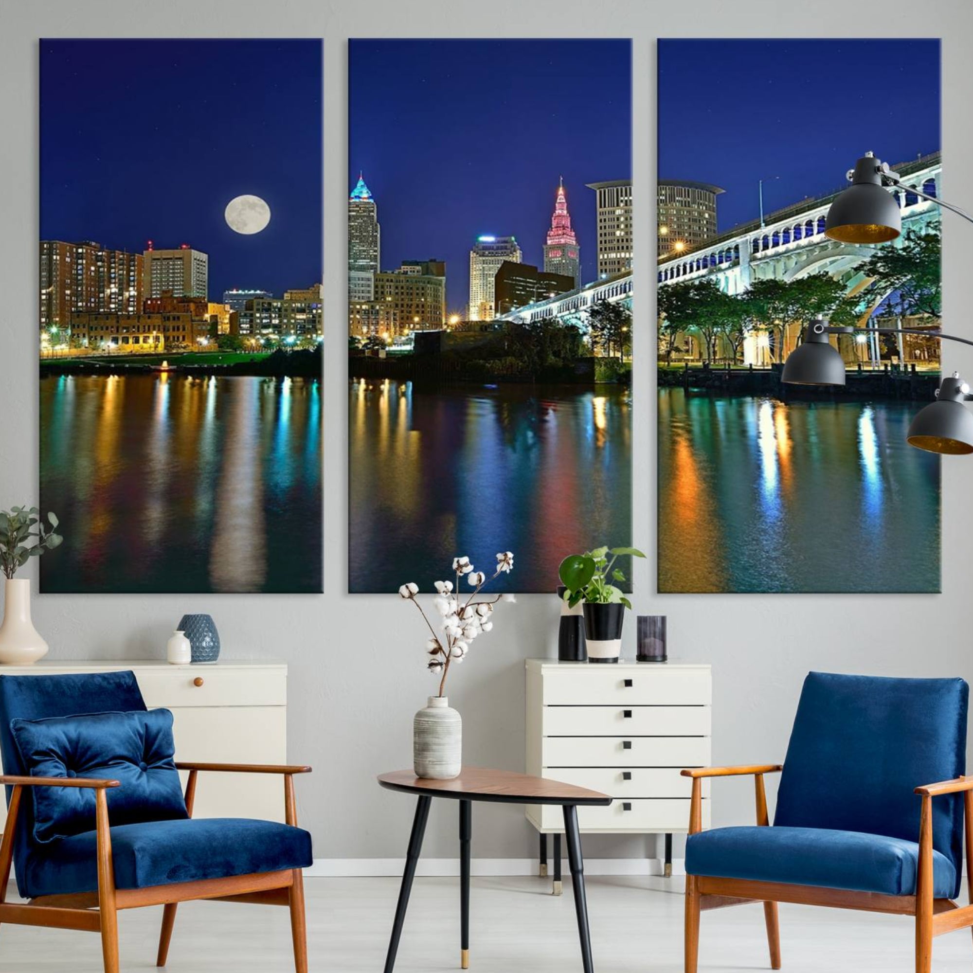 15130-MGV-CV-36X24-Cleveland City Lights Night Skyline Wall Art Cityscape Canvas, Cleveland City Lights Canvas Print
