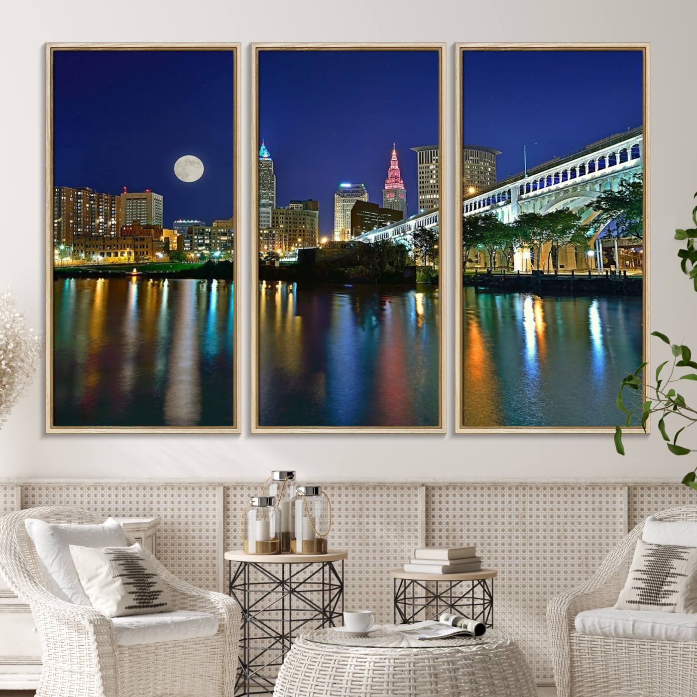 15130-MGV-CV-36X24-Cleveland City Lights Night Skyline Wall Art Cityscape Canvas, Cleveland City Lights Canvas Print