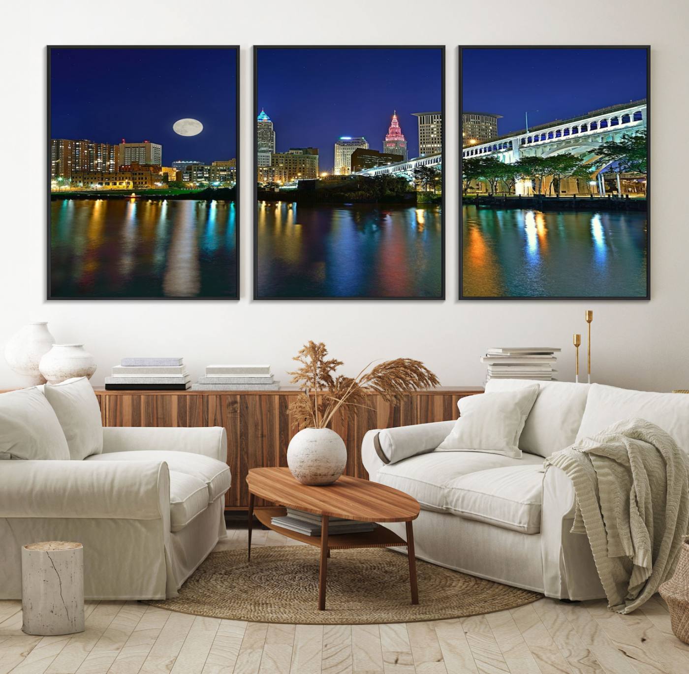 15130-MGV-FC-60X30-3P_Black-Cleveland City Lights Night Skyline Wall Art Cityscape Canvas, Cleveland City Lights Canvas Print