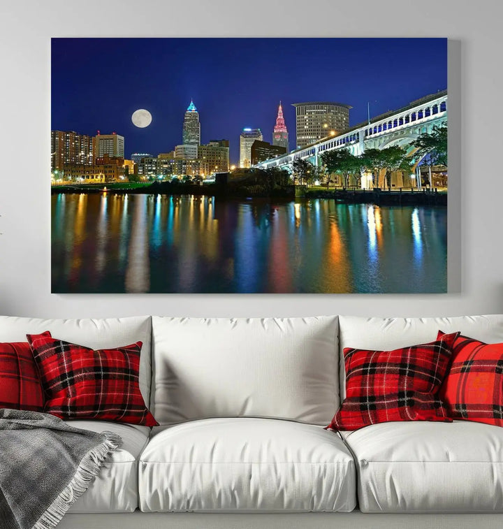 Cleveland City Lights Night Skyline, a stunning triptych wall art cityscape canvas print with museum-quality UV-protective coating, is beautifully showcased.