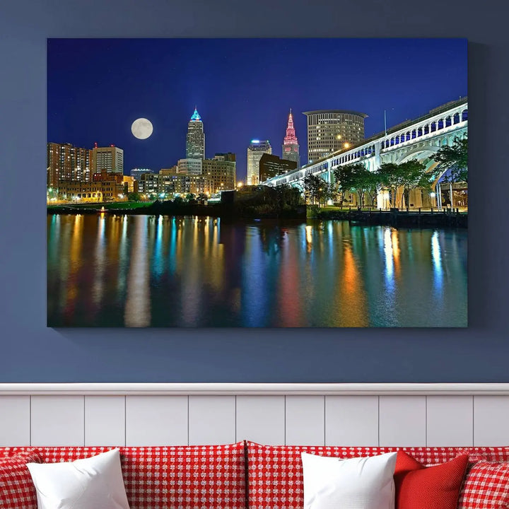 Cleveland City Lights Night Skyline, a stunning triptych wall art cityscape canvas print with museum-quality UV-protective coating, is beautifully showcased.