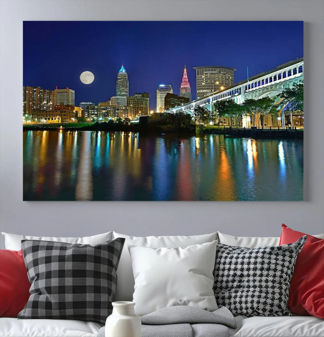 Cleveland City Lights Night Skyline, a stunning triptych wall art cityscape canvas print with museum-quality UV-protective coating, is beautifully showcased.