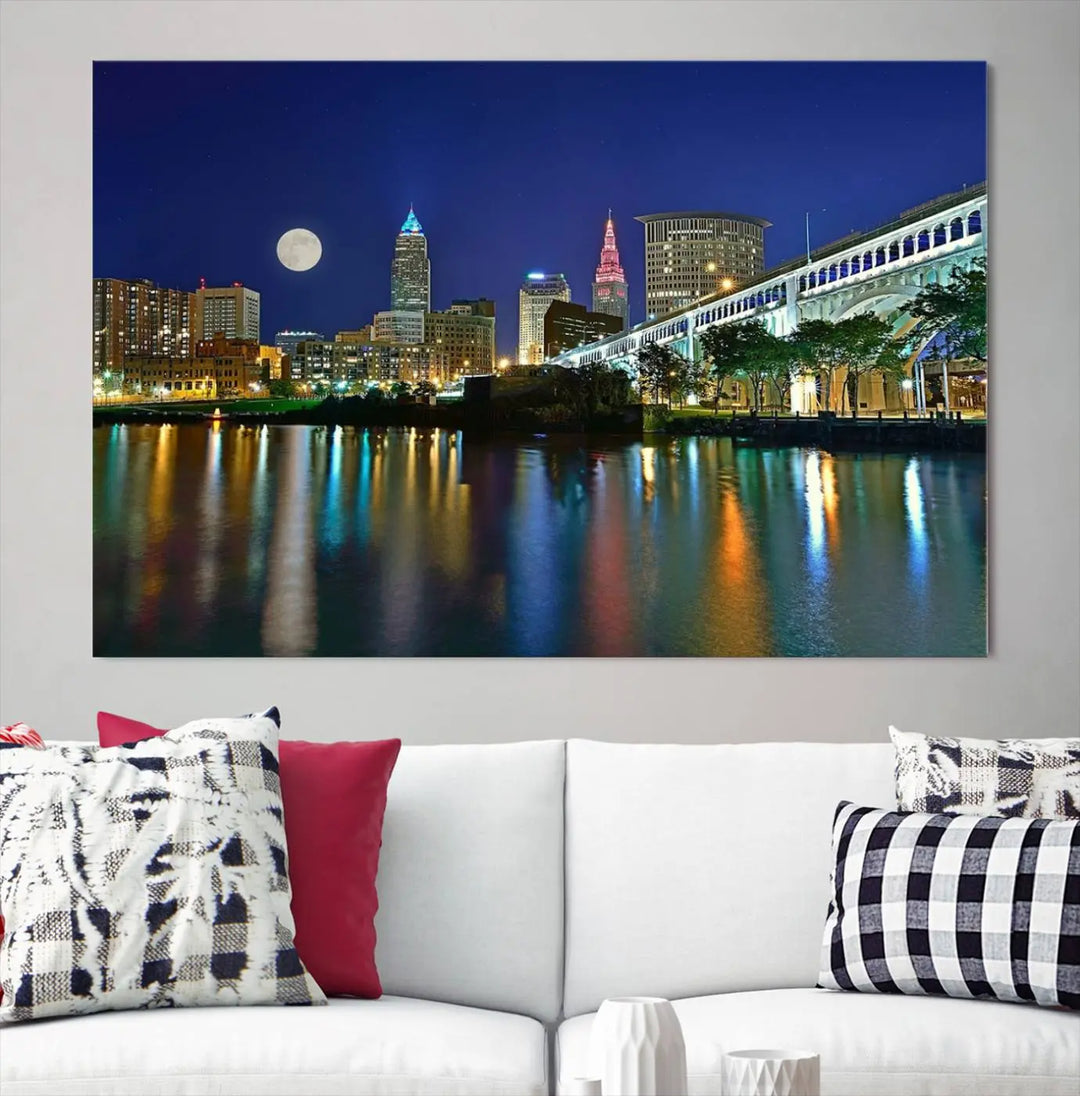 Cleveland City Lights Night Skyline, a stunning triptych wall art cityscape canvas print with museum-quality UV-protective coating, is beautifully showcased.