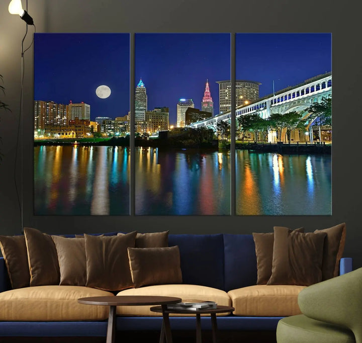 Cleveland City Lights Night Skyline, a stunning triptych wall art cityscape canvas print with museum-quality UV-protective coating, is beautifully showcased.