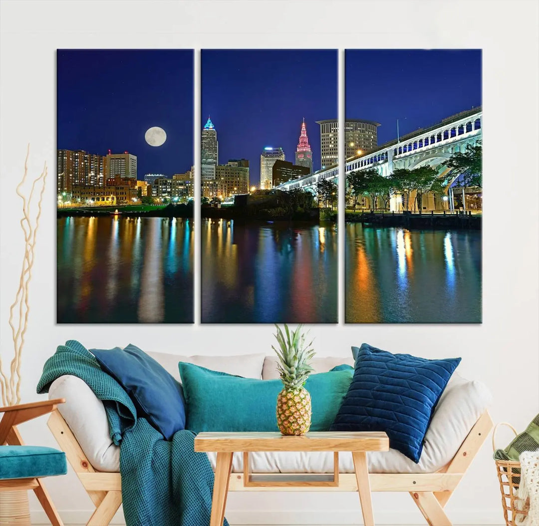 Cleveland City Lights Night Skyline, a stunning triptych wall art cityscape canvas print with museum-quality UV-protective coating, is beautifully showcased.