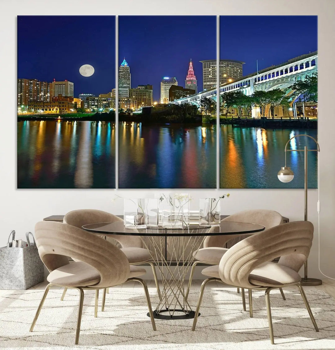 Cleveland City Lights Night Skyline, a stunning triptych wall art cityscape canvas print with museum-quality UV-protective coating, is beautifully showcased.