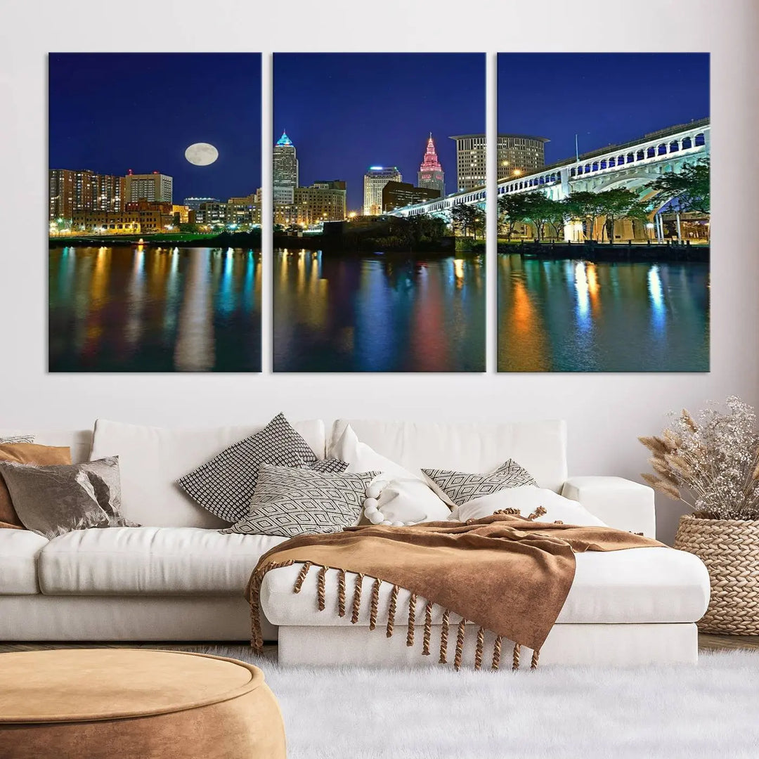 Cleveland City Lights Night Skyline, a stunning triptych wall art cityscape canvas print with museum-quality UV-protective coating, is beautifully showcased.