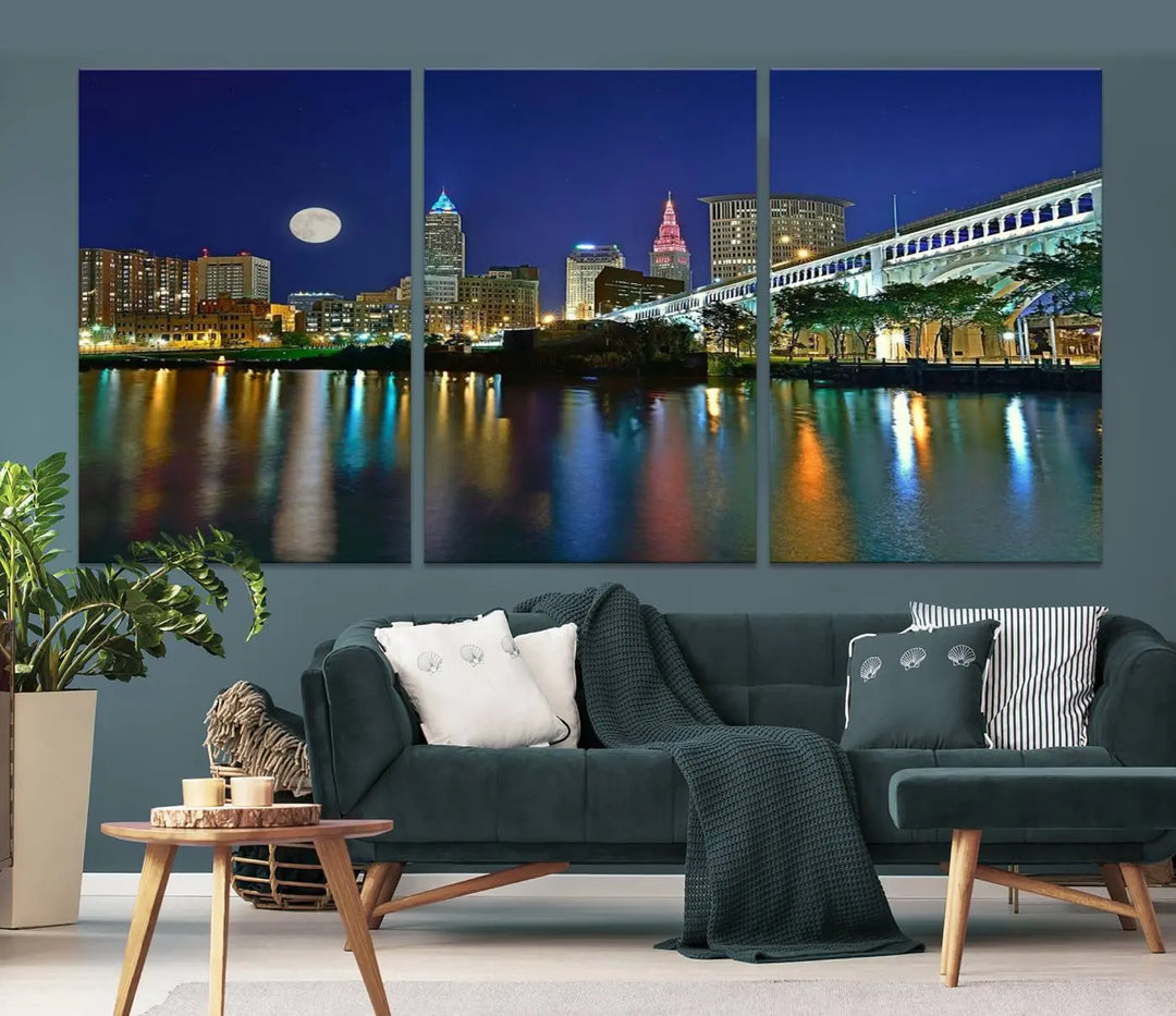 Cleveland City Lights Night Skyline, a stunning triptych wall art cityscape canvas print with museum-quality UV-protective coating, is beautifully showcased.