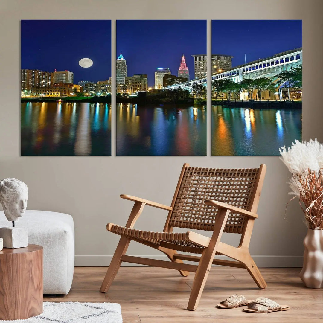 Cleveland City Lights Night Skyline, a stunning triptych wall art cityscape canvas print with museum-quality UV-protective coating, is beautifully showcased.