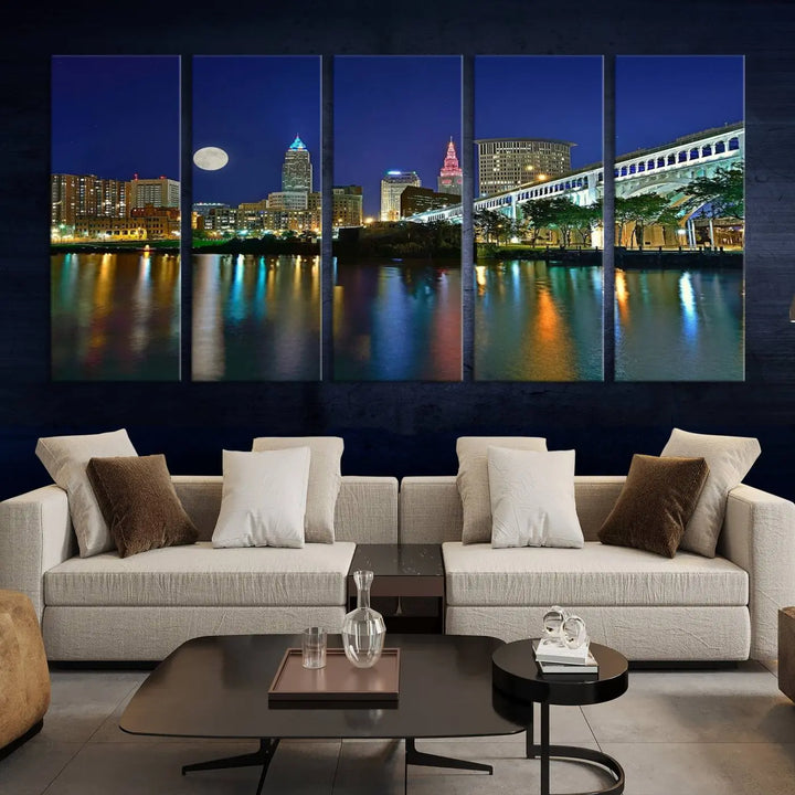 Cleveland City Lights Night Skyline, a stunning triptych wall art cityscape canvas print with museum-quality UV-protective coating, is beautifully showcased.