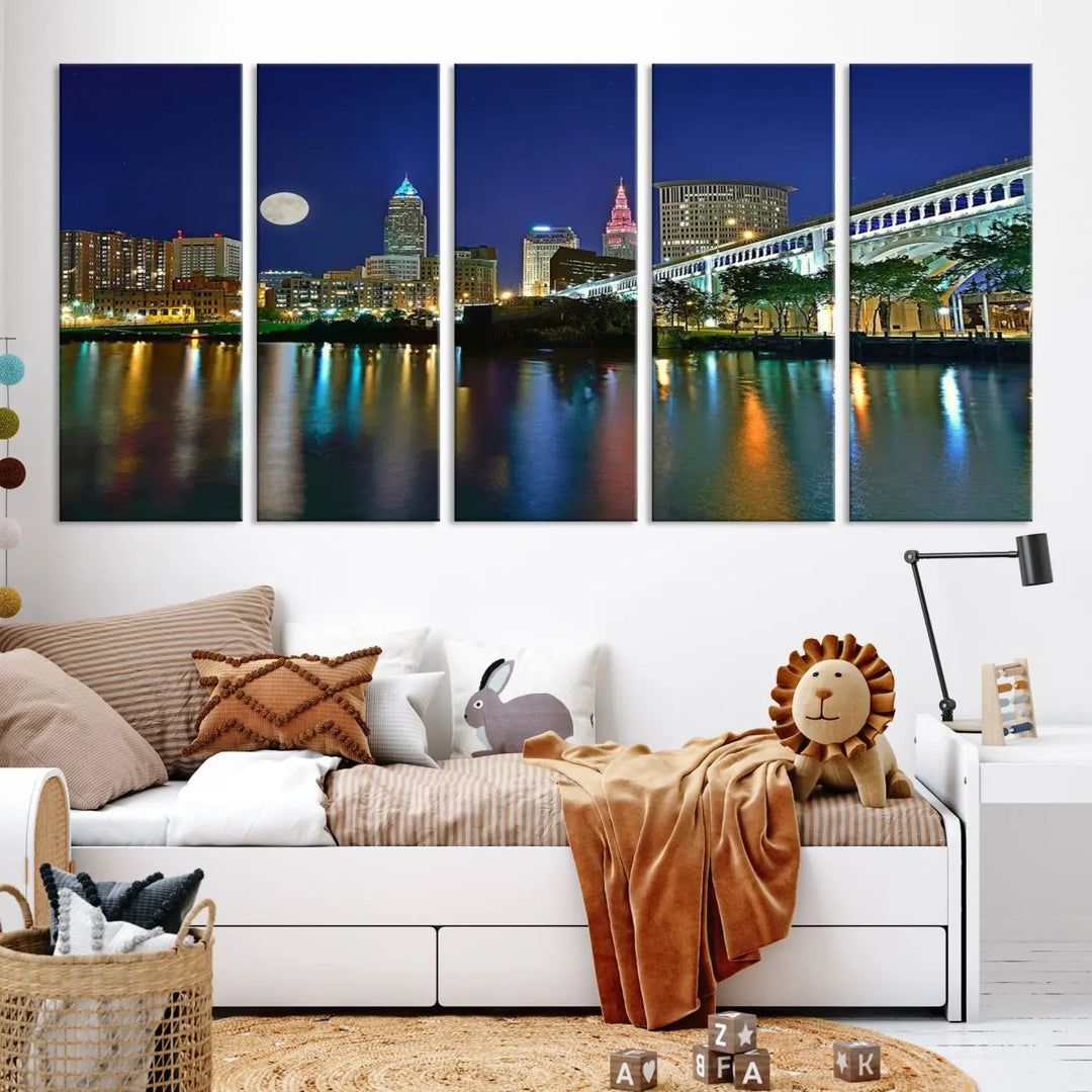 Cleveland City Lights Night Skyline, a stunning triptych wall art cityscape canvas print with museum-quality UV-protective coating, is beautifully showcased.