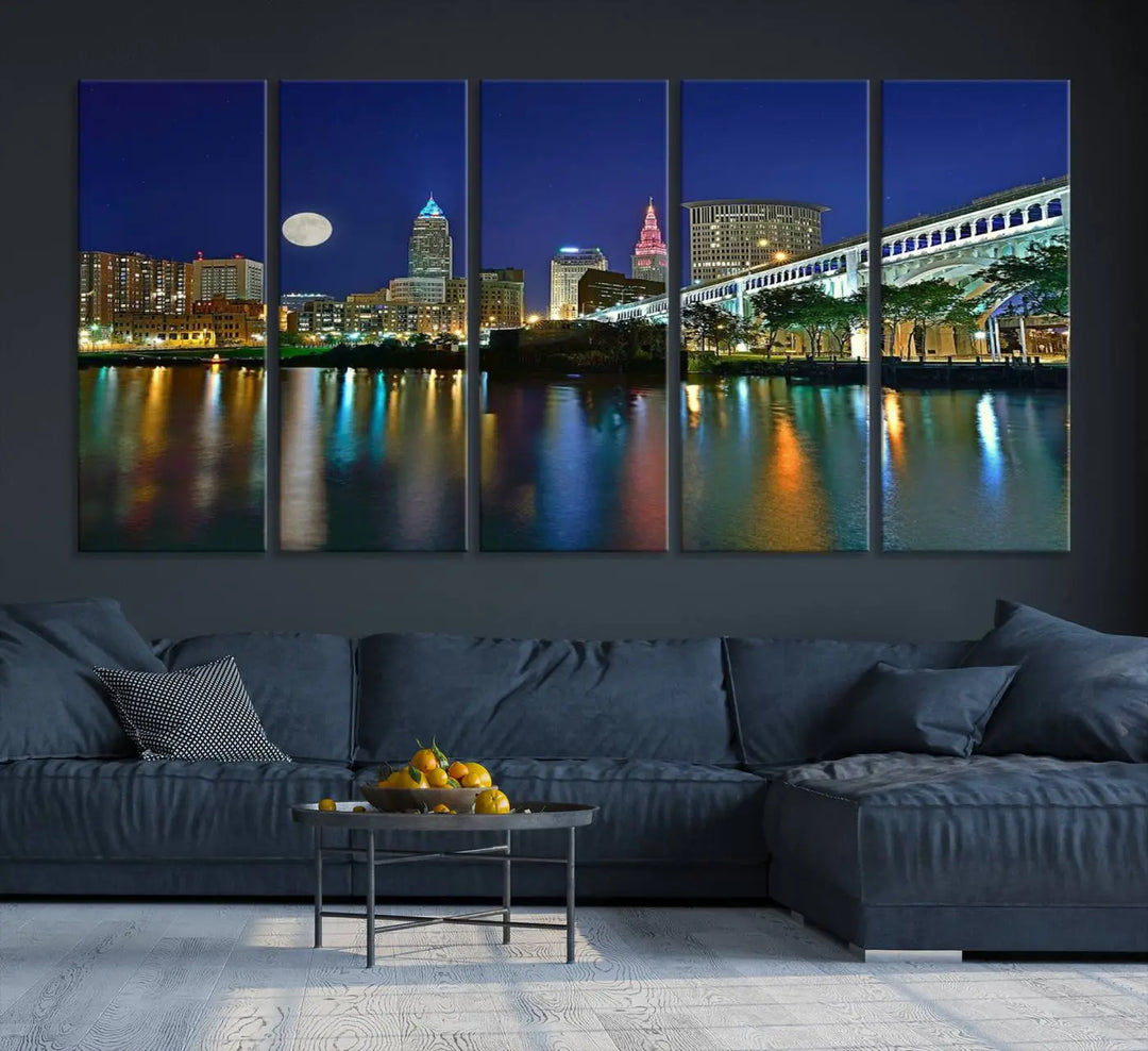 Cleveland City Lights Night Skyline, a stunning triptych wall art cityscape canvas print with museum-quality UV-protective coating, is beautifully showcased.