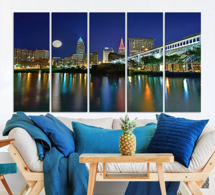 Cleveland City Lights Night Skyline, a stunning triptych wall art cityscape canvas print with museum-quality UV-protective coating, is beautifully showcased.