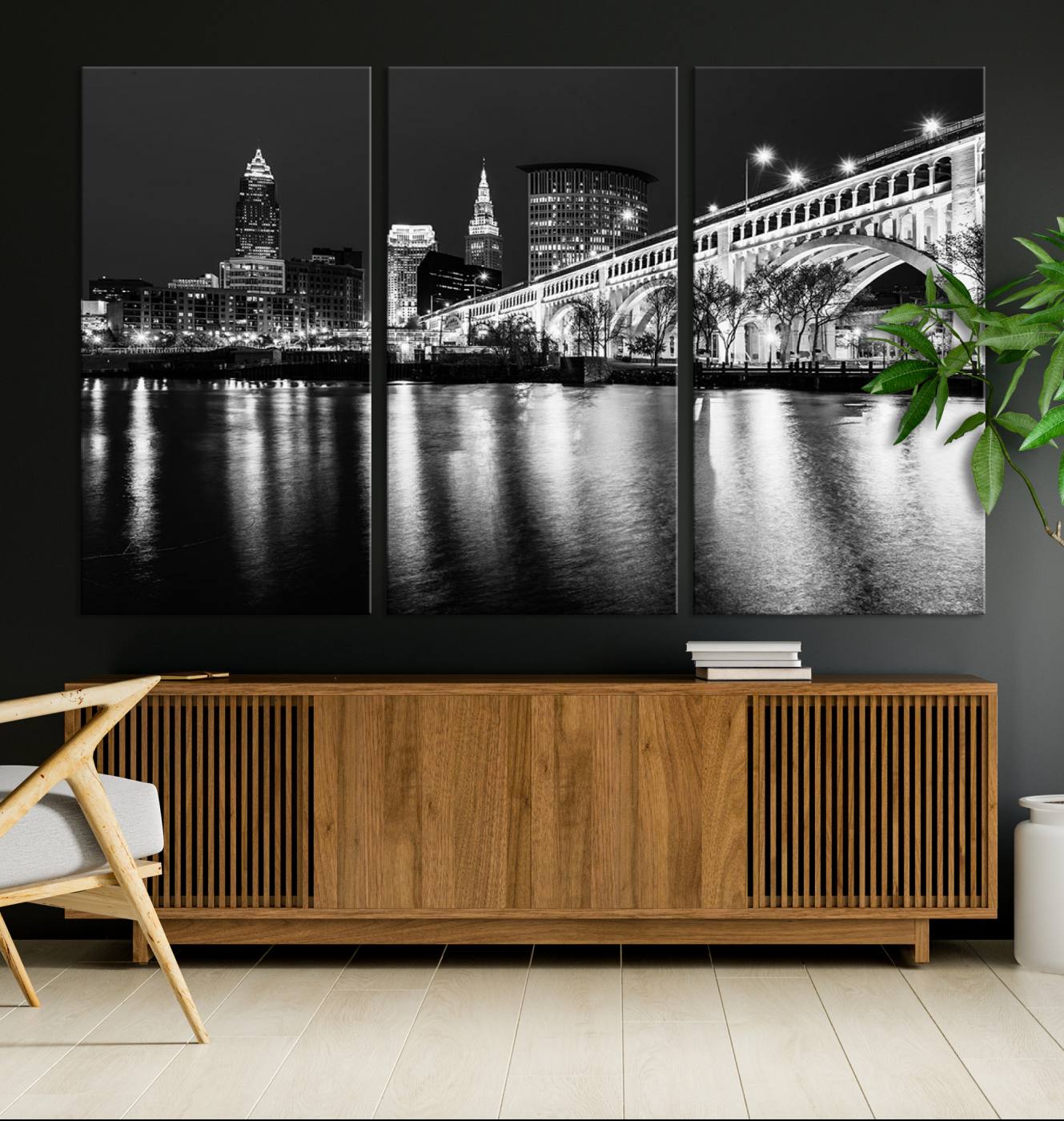20469-MGV-CV-36X24-Cleveland Night Skyline Wall Art City Cityscape Canvas Print