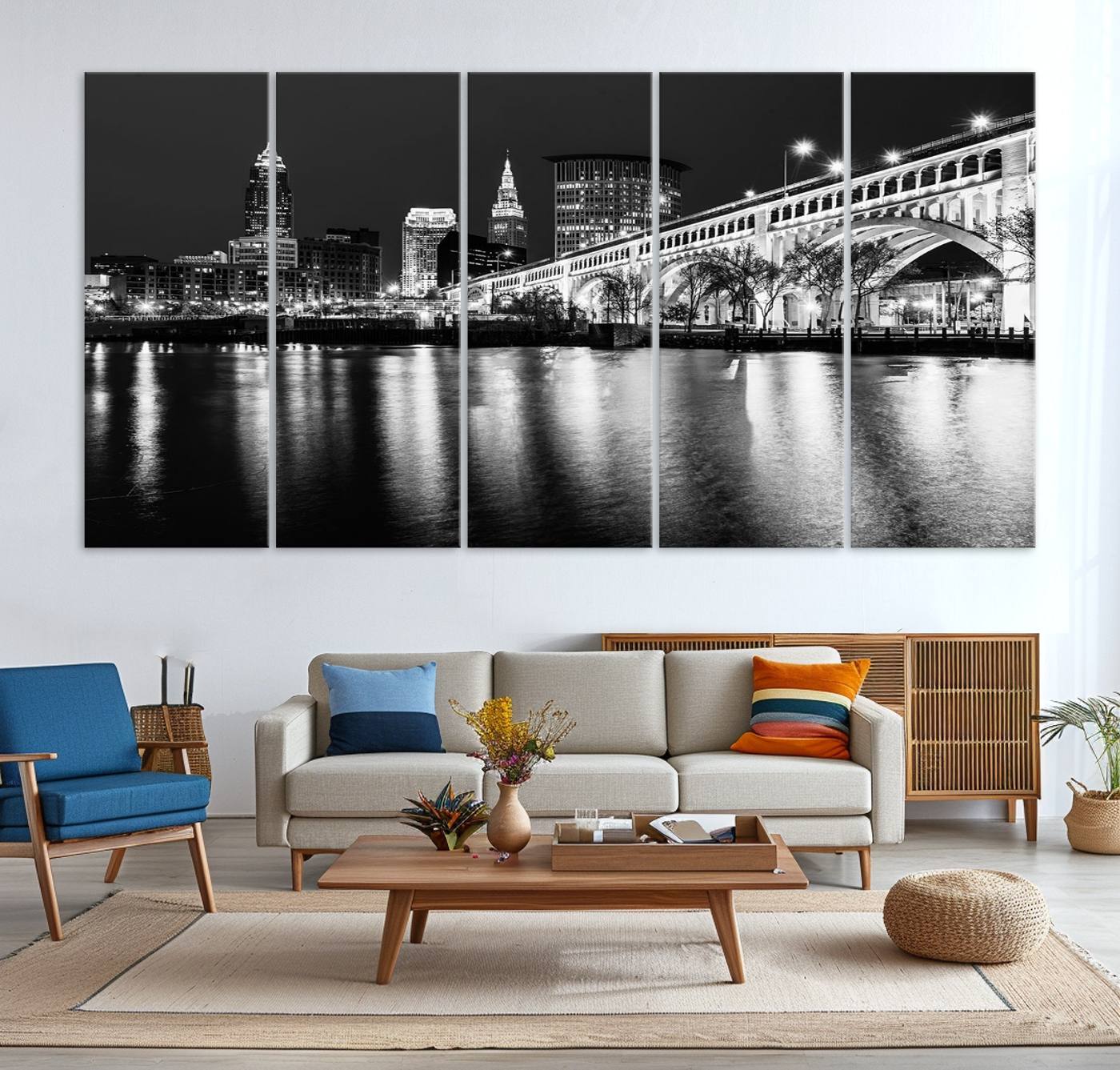 20469-MGV-CV-36X24-Cleveland Night Skyline Wall Art City Cityscape Canvas Print