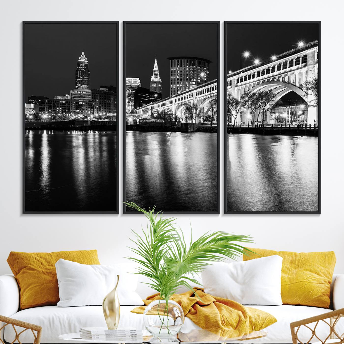20469-MGV-FC-48X32-3P_Black-Cleveland Night Skyline Wall Art City Cityscape Canvas Print