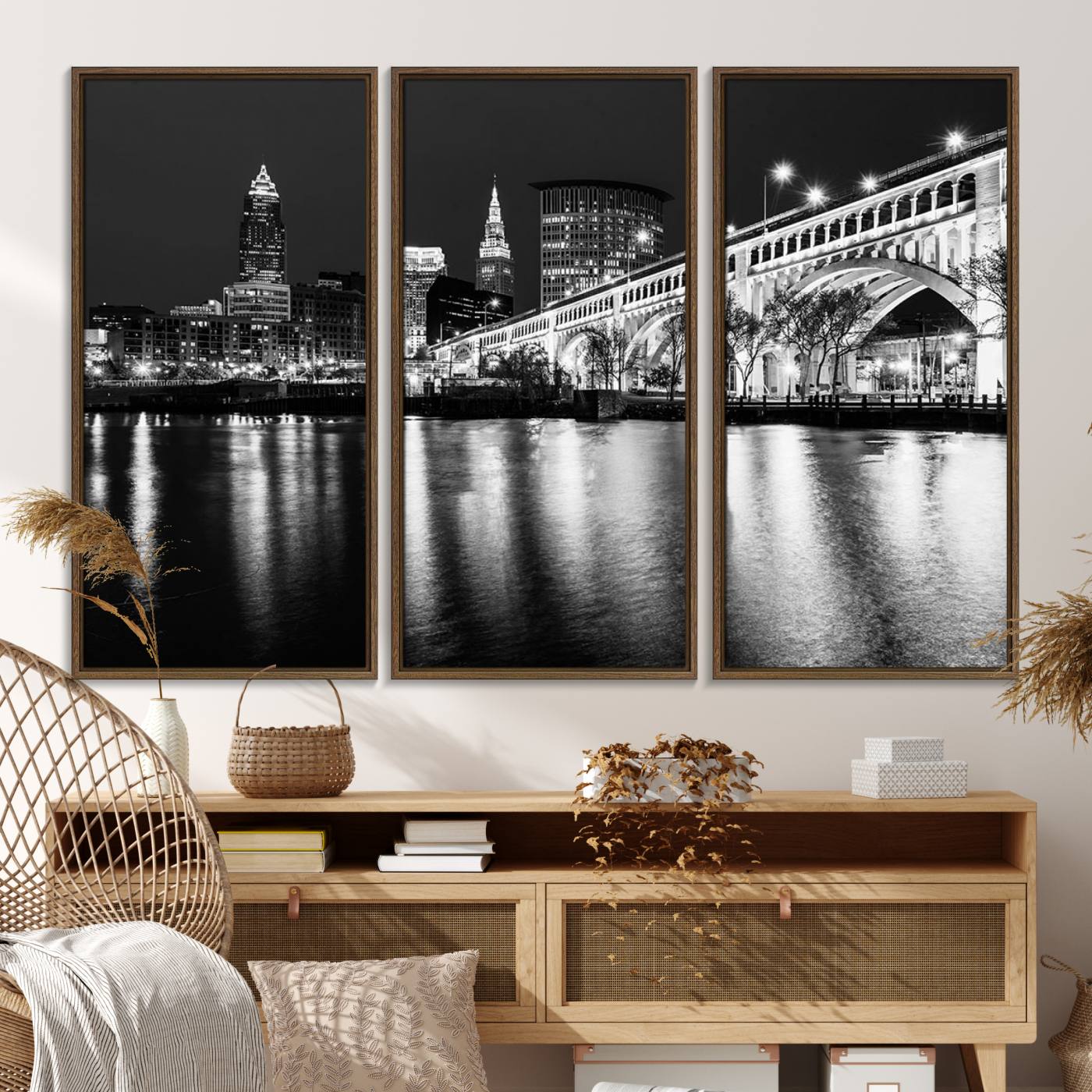 20469-MGV-FC-48X32-3P_Walnut-Cleveland Night Skyline Wall Art City Cityscape Canvas Print