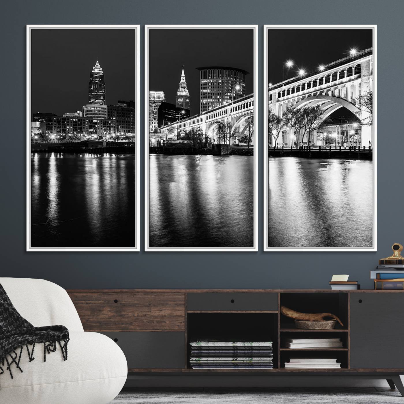 20469-MGV-FC-48X32-3P_White-Cleveland Night Skyline Wall Art City Cityscape Canvas Print
