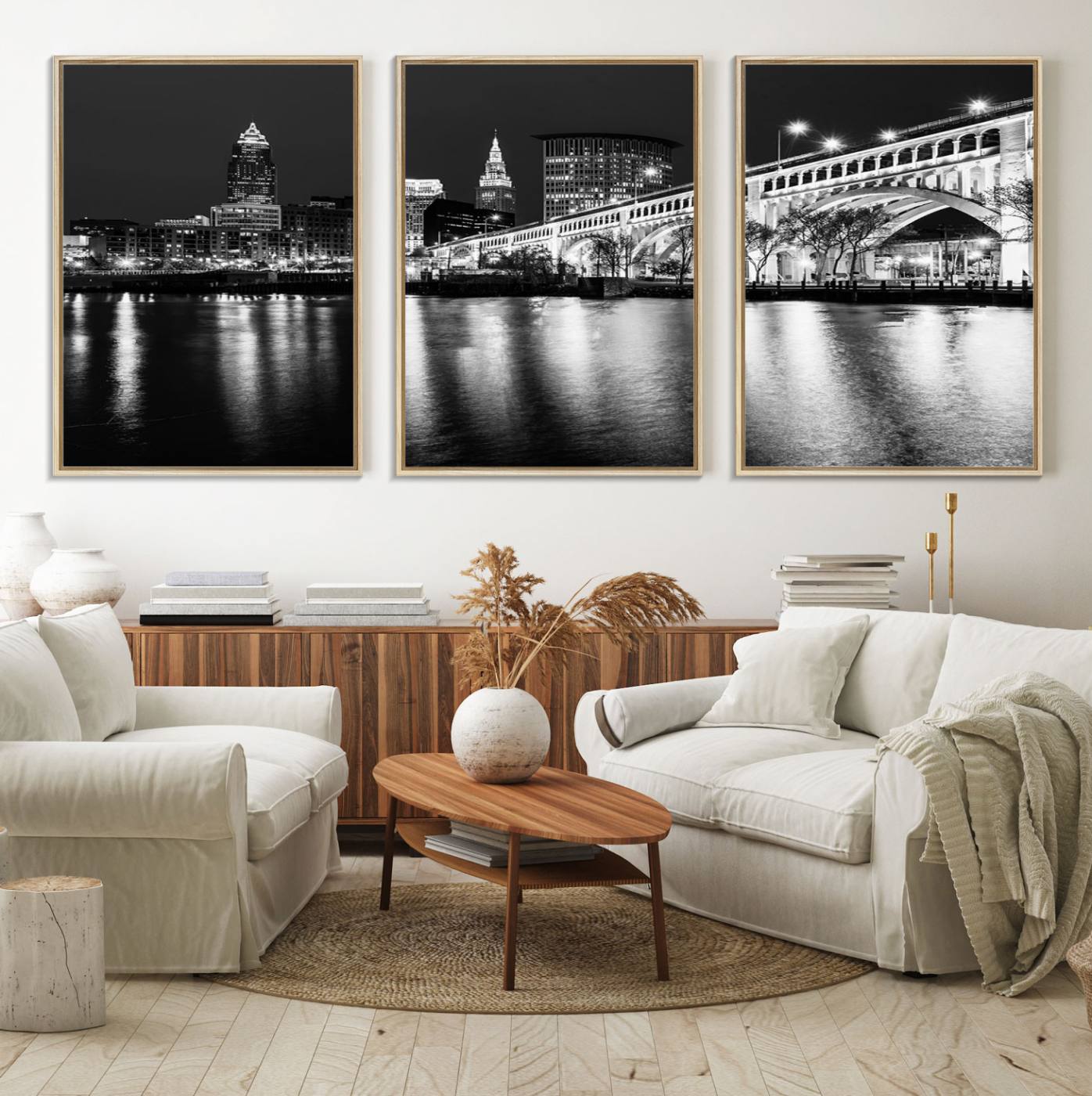 20469-MGV-FC-60X30-3P_Natural-Cleveland Night Skyline Wall Art City Cityscape Canvas Print