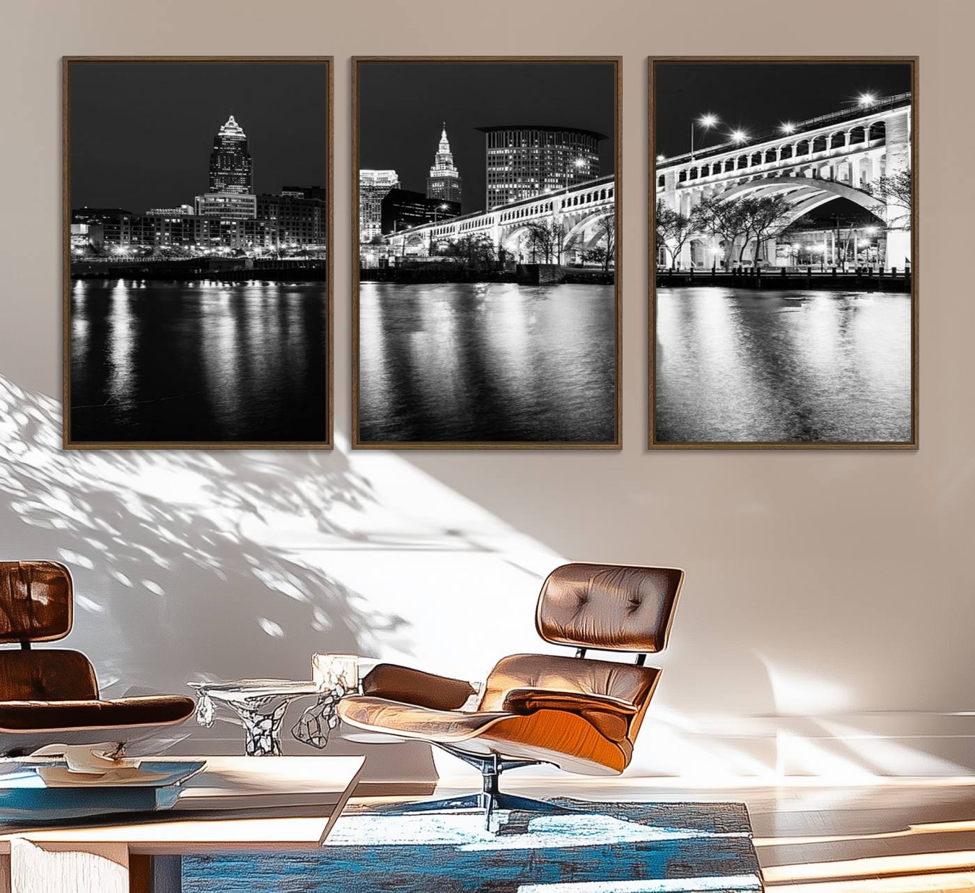 20469-MGV-FC-60X30-3P_Walnut-Cleveland Night Skyline Wall Art City Cityscape Canvas Print