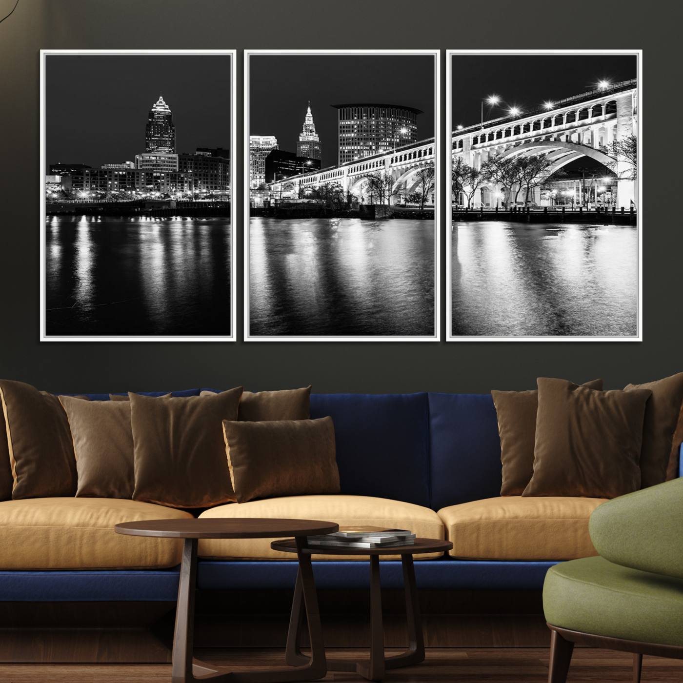 20469-MGV-FC-60X30-3P_White-Cleveland Night Skyline Wall Art City Cityscape Canvas Print