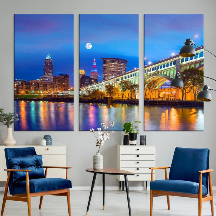 Dining room featuring a Cleveland Night Skyline Wall Art Cityscape Canvas Print with a lit-up bridge reflecting in the water.