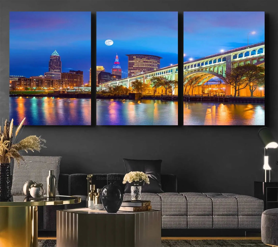 Dining room featuring a Cleveland Night Skyline Wall Art Cityscape Canvas Print with a lit-up bridge reflecting in the water.