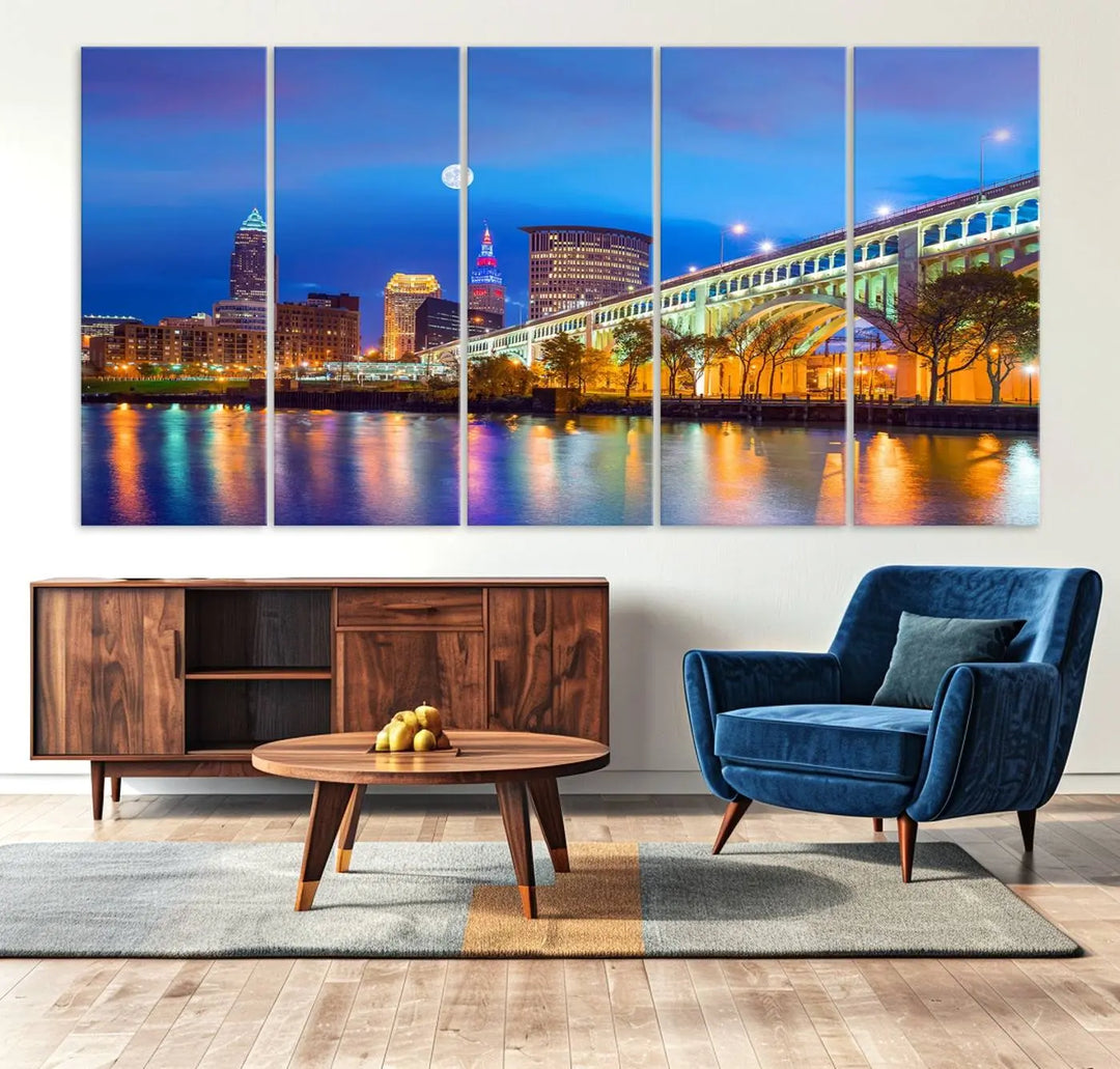 Dining room featuring a Cleveland Night Skyline Wall Art Cityscape Canvas Print with a lit-up bridge reflecting in the water.