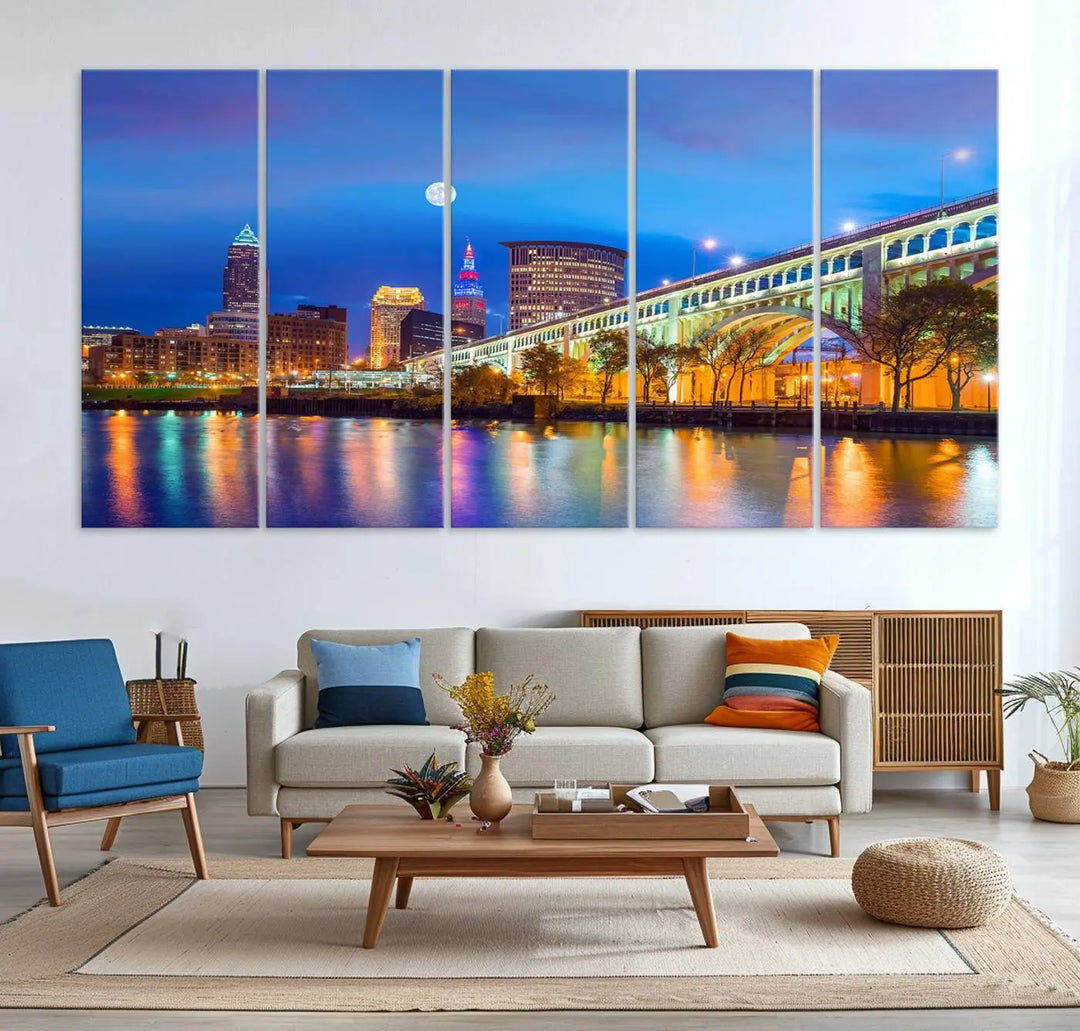 Dining room featuring a Cleveland Night Skyline Wall Art Cityscape Canvas Print with a lit-up bridge reflecting in the water.