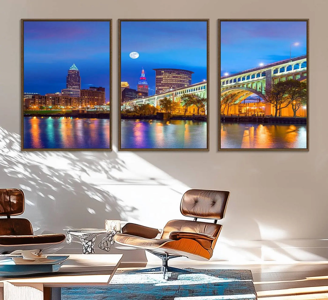 Dining room featuring a Cleveland Night Skyline Wall Art Cityscape Canvas Print with a lit-up bridge reflecting in the water.