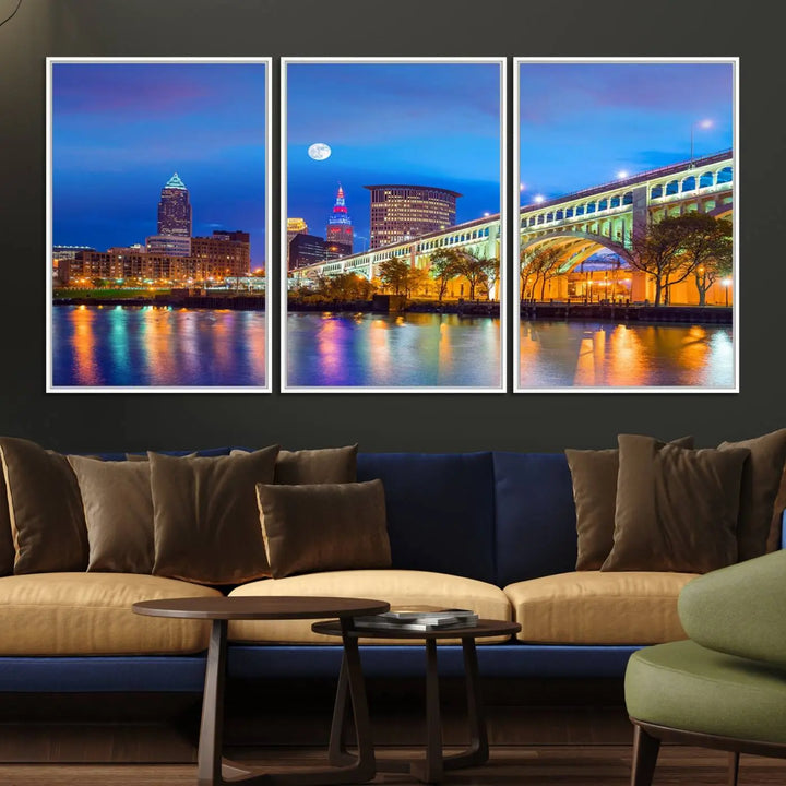 Dining room featuring a Cleveland Night Skyline Wall Art Cityscape Canvas Print with a lit-up bridge reflecting in the water.