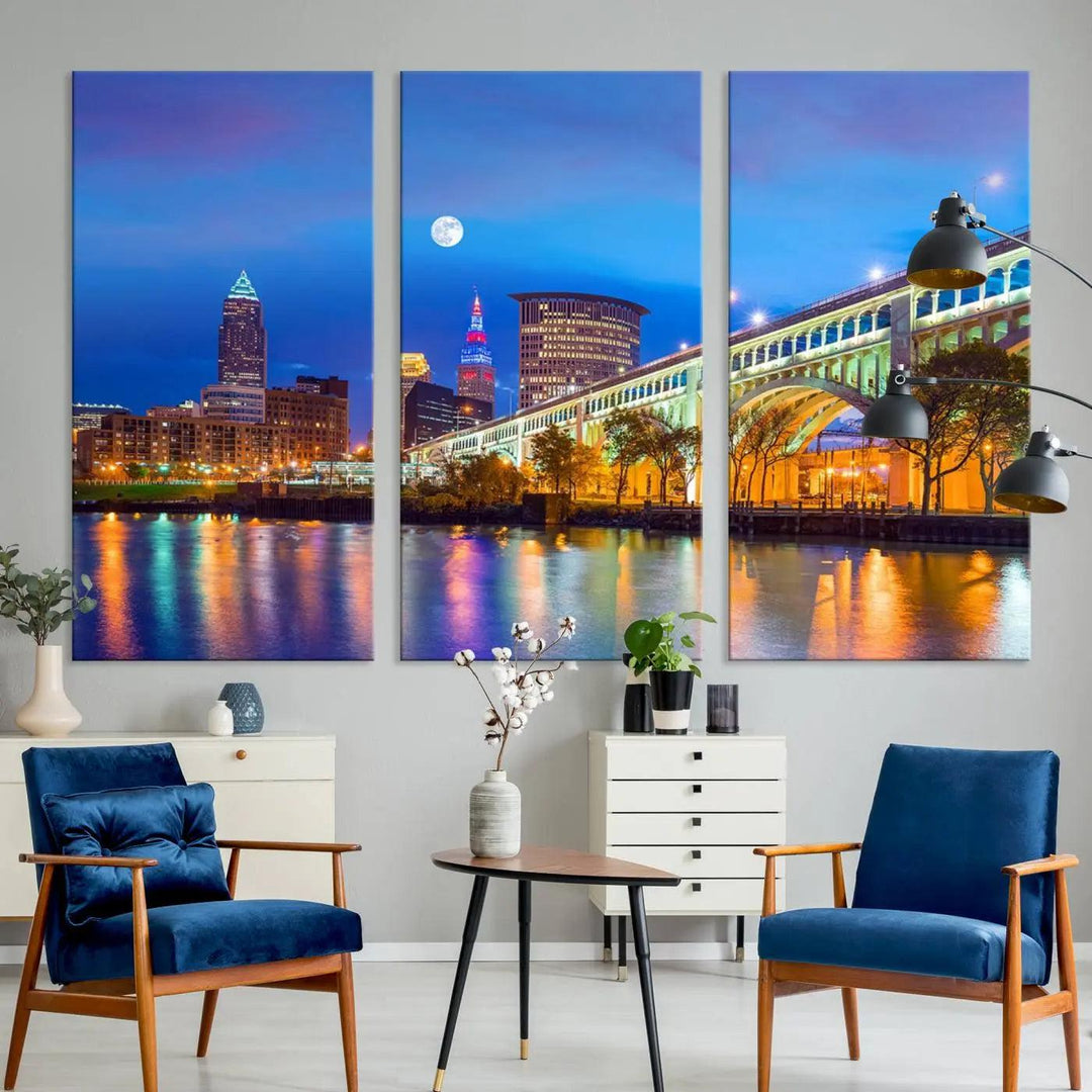 The Cleveland Night Skyline Wall Art City Cityscape Canvas Print portrays a city skyline and bridge lit up against the night sky. This artwork is printed on museum-quality canvas with a gallery-wrapped finish and features a UV-protective coating to ensure lasting vibrancy.