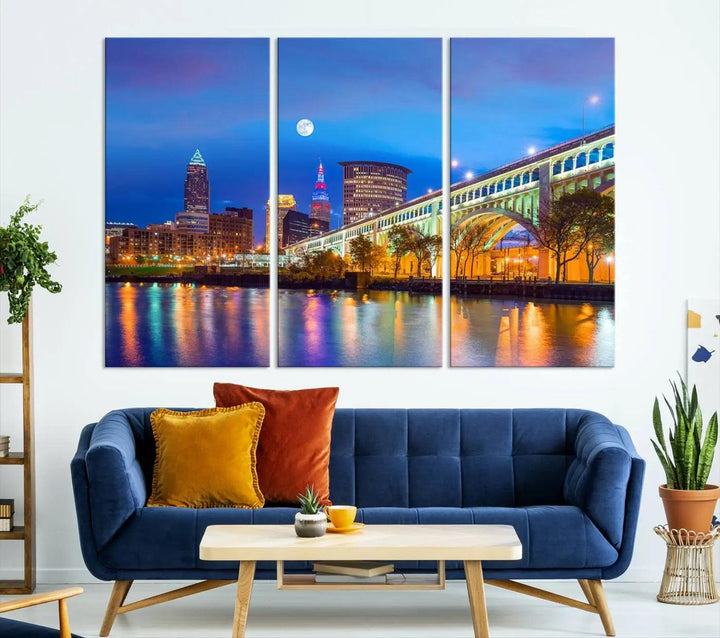 The Cleveland Night Skyline Wall Art City Cityscape Canvas Print portrays a city skyline and bridge lit up against the night sky. This artwork is printed on museum-quality canvas with a gallery-wrapped finish and features a UV-protective coating to ensure lasting vibrancy.