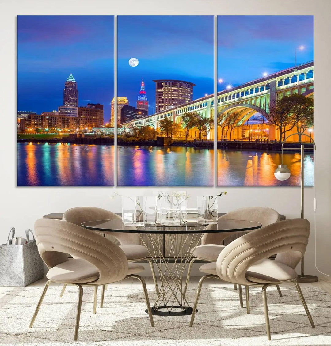 The Cleveland Night Skyline Wall Art City Cityscape Canvas Print portrays a city skyline and bridge lit up against the night sky. This artwork is printed on museum-quality canvas with a gallery-wrapped finish and features a UV-protective coating to ensure lasting vibrancy.