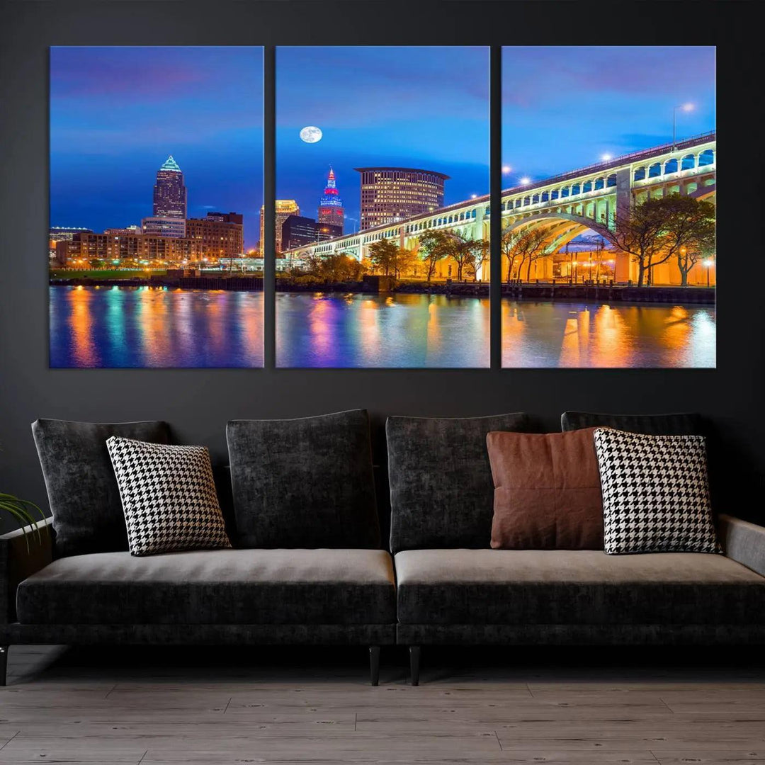 The Cleveland Night Skyline Wall Art City Cityscape Canvas Print portrays a city skyline and bridge lit up against the night sky. This artwork is printed on museum-quality canvas with a gallery-wrapped finish and features a UV-protective coating to ensure lasting vibrancy.