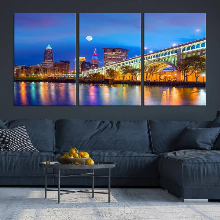 The Cleveland Night Skyline Wall Art City Cityscape Canvas Print portrays a city skyline and bridge lit up against the night sky. This artwork is printed on museum-quality canvas with a gallery-wrapped finish and features a UV-protective coating to ensure lasting vibrancy.