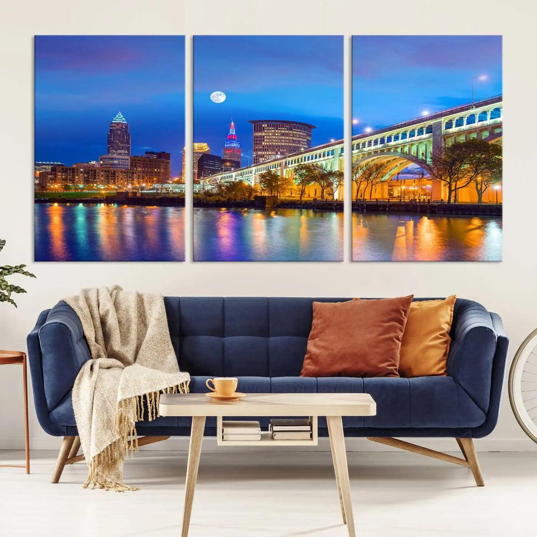 The Cleveland Night Skyline Wall Art City Cityscape Canvas Print portrays a city skyline and bridge lit up against the night sky. This artwork is printed on museum-quality canvas with a gallery-wrapped finish and features a UV-protective coating to ensure lasting vibrancy.