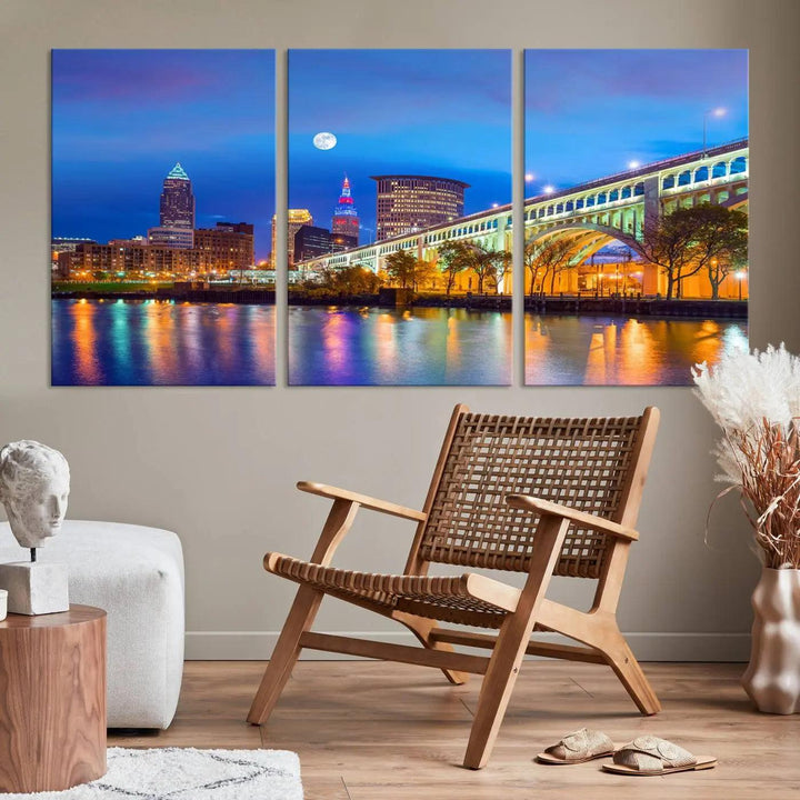 The Cleveland Night Skyline Wall Art City Cityscape Canvas Print portrays a city skyline and bridge lit up against the night sky. This artwork is printed on museum-quality canvas with a gallery-wrapped finish and features a UV-protective coating to ensure lasting vibrancy.