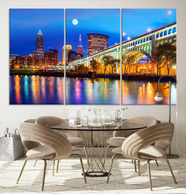 The living room features the "Cleveland Night Skyline Wall Art City Cityscape Canvas Print" prominently displayed, ready to hang.