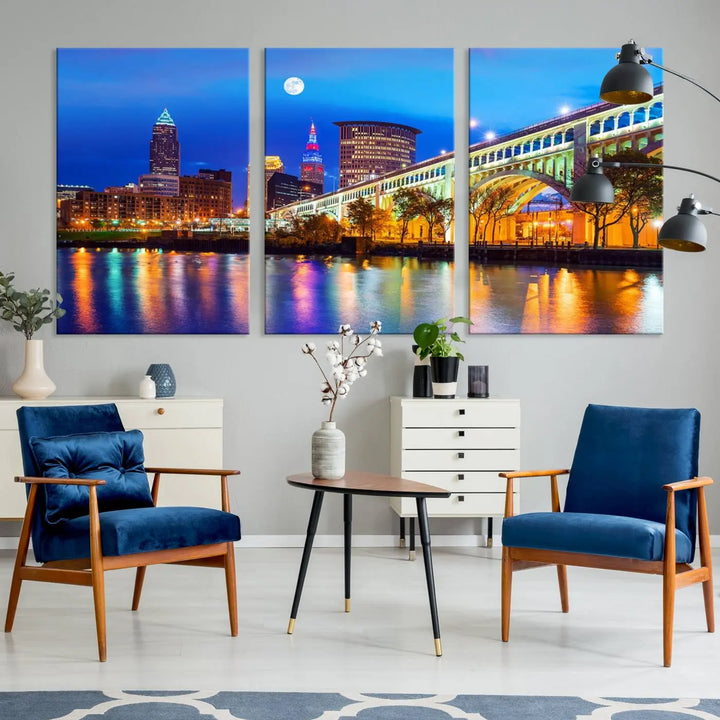 The living room features the "Cleveland Night Skyline Wall Art City Cityscape Canvas Print" prominently displayed, ready to hang.