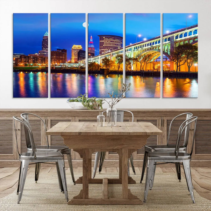 The living room features the "Cleveland Night Skyline Wall Art City Cityscape Canvas Print" prominently displayed, ready to hang.